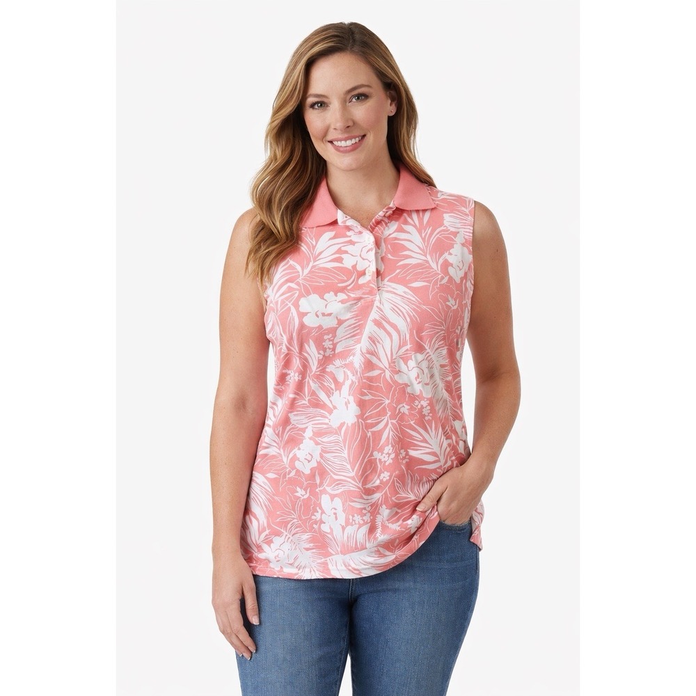 Izod Womens‎ Blouse Top Size M Pink/coral White Floral Golf Tennis Polo Stretch